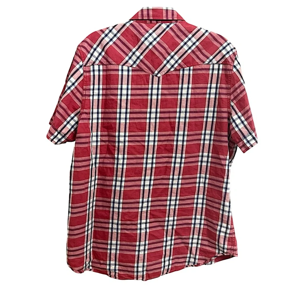 TRUE RELIGION MEN RED PLAID PEARL SNAP BUTTON DOWN SHORT SLEEVE WESTERN SHIRT XL